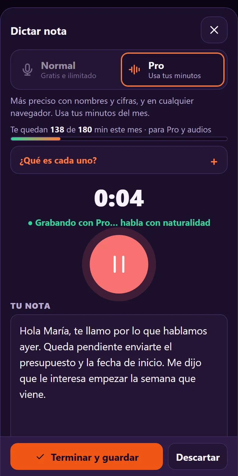 Max Voice grabando una nota de voz y escribiéndola en directo
