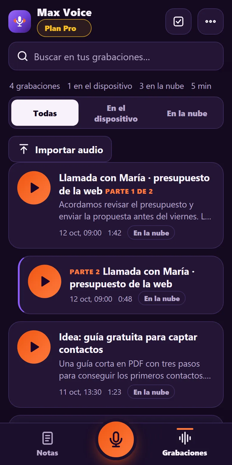 Directorio de grabaciones de Max Voice con reproductor: pausa, parar, adelantar 10 segundos y velocidad 1x, 2x y 3x