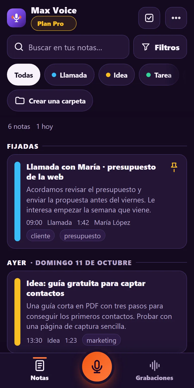 Pantalla de Max Voice con las notas del día ordenadas por tipo: llamadas, ideas y tareas