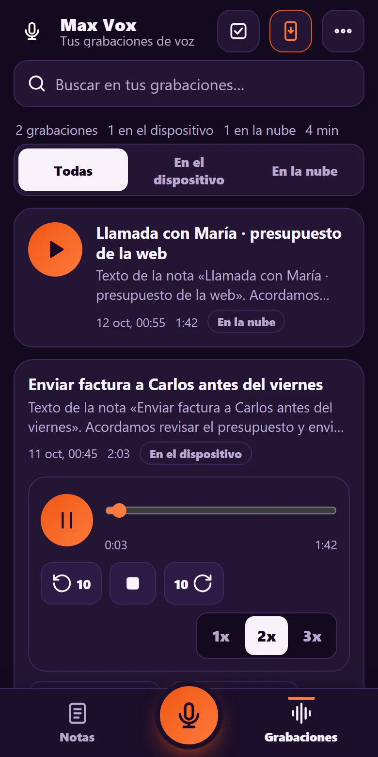 Directorio de grabaciones de Max Vox con reproductor: pausa, parar, adelantar 10 segundos y velocidad 1x, 2x y 3x